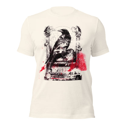 The Raven Inferno Variant T-shirt featuring gothic raven artwork with distressed black ink and red splash accents on a vintage white shirt.