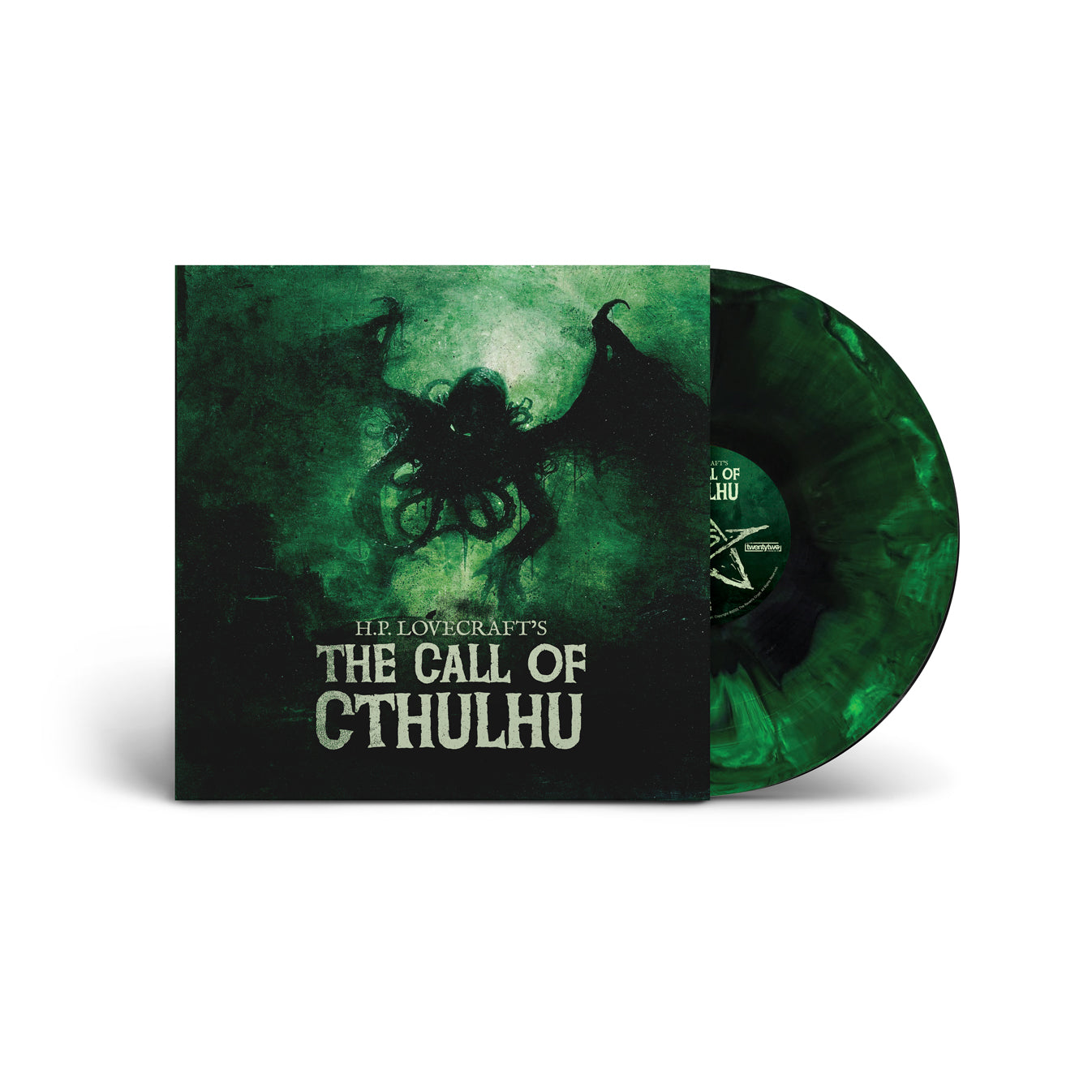 H.P. Lovecraft’s The Call of Cthulhu spoken-word horror vinyl LP featuring a green smoke-swirled record and cosmic Cthulhu artwork on the cover.