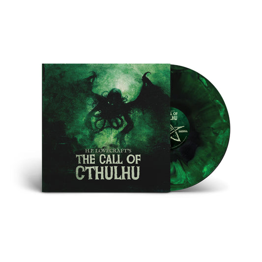 H.P. Lovecraft’s The Call of Cthulhu spoken-word horror vinyl LP featuring a green smoke-swirled record and cosmic Cthulhu artwork on the cover.