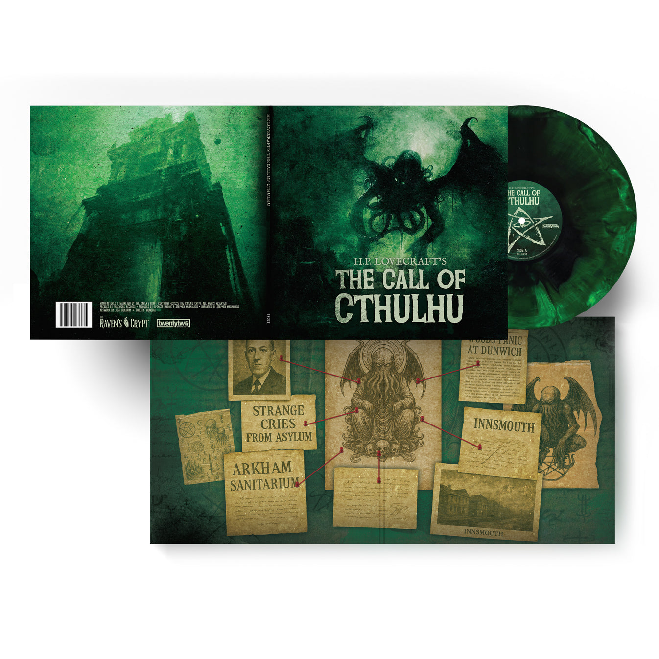 Gatefold artwork for H.P. Lovecraft’s The Call of Cthulhu spoken-word vinyl LP, featuring mythos documents, eerie green cosmic imagery, and a green smoke-swirled Cthulhu record.