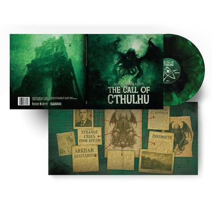 Gatefold artwork for H.P. Lovecraft’s The Call of Cthulhu spoken-word vinyl LP, featuring mythos documents, eerie green cosmic imagery, and a green smoke-swirled Cthulhu record.