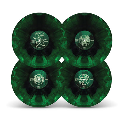 Set of four green marbled vinyl records for H.P. Lovecraft’s The Call of Cthulhu LP, featuring eldritch symbol center labels for Sides A–D.