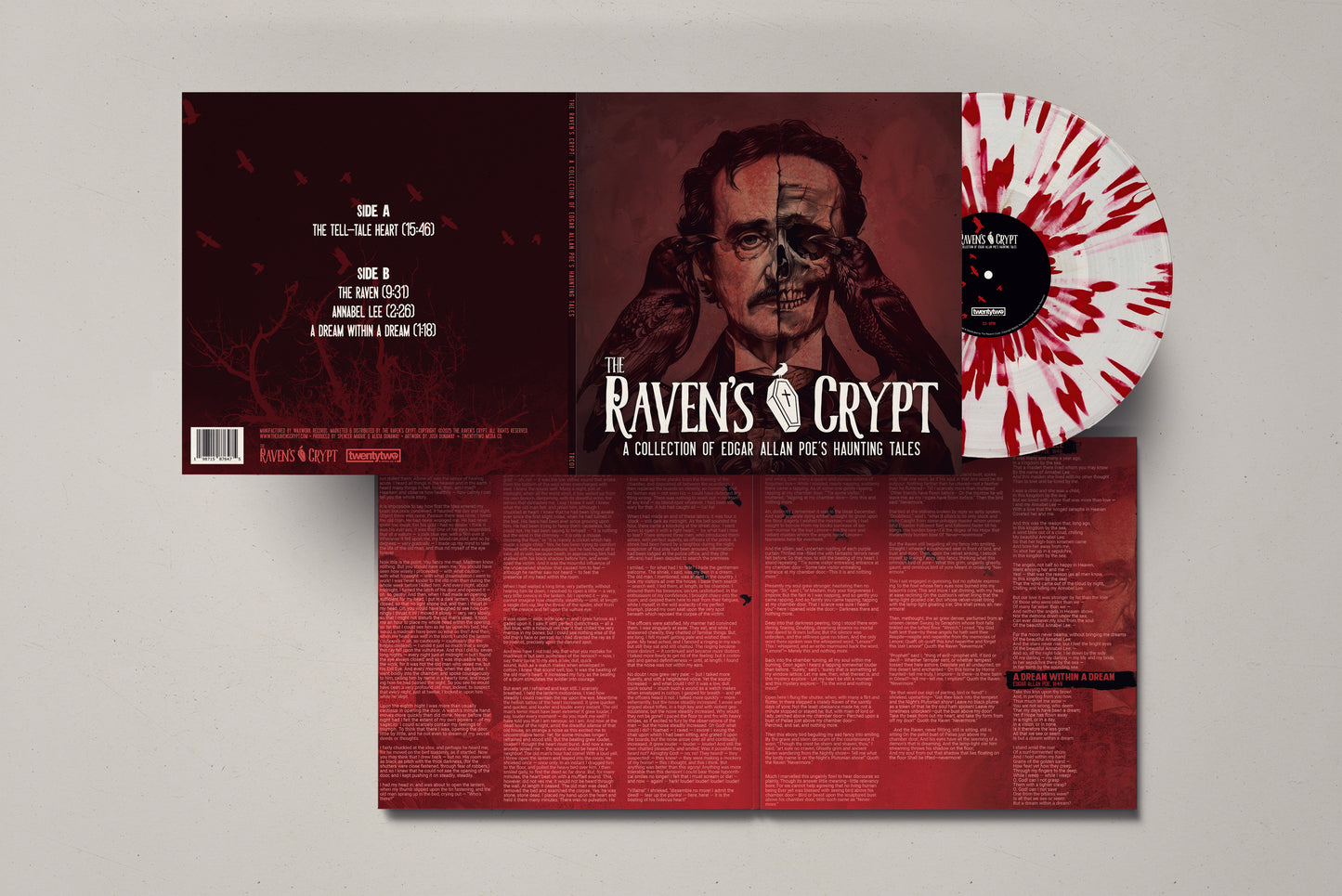 Full gatefold display of The Raven’s Crypt Blood Soaked Edgar Allan Poe vinyl, showing the front cover, back cover, red-on-white splatter record, and full liner notes spread.