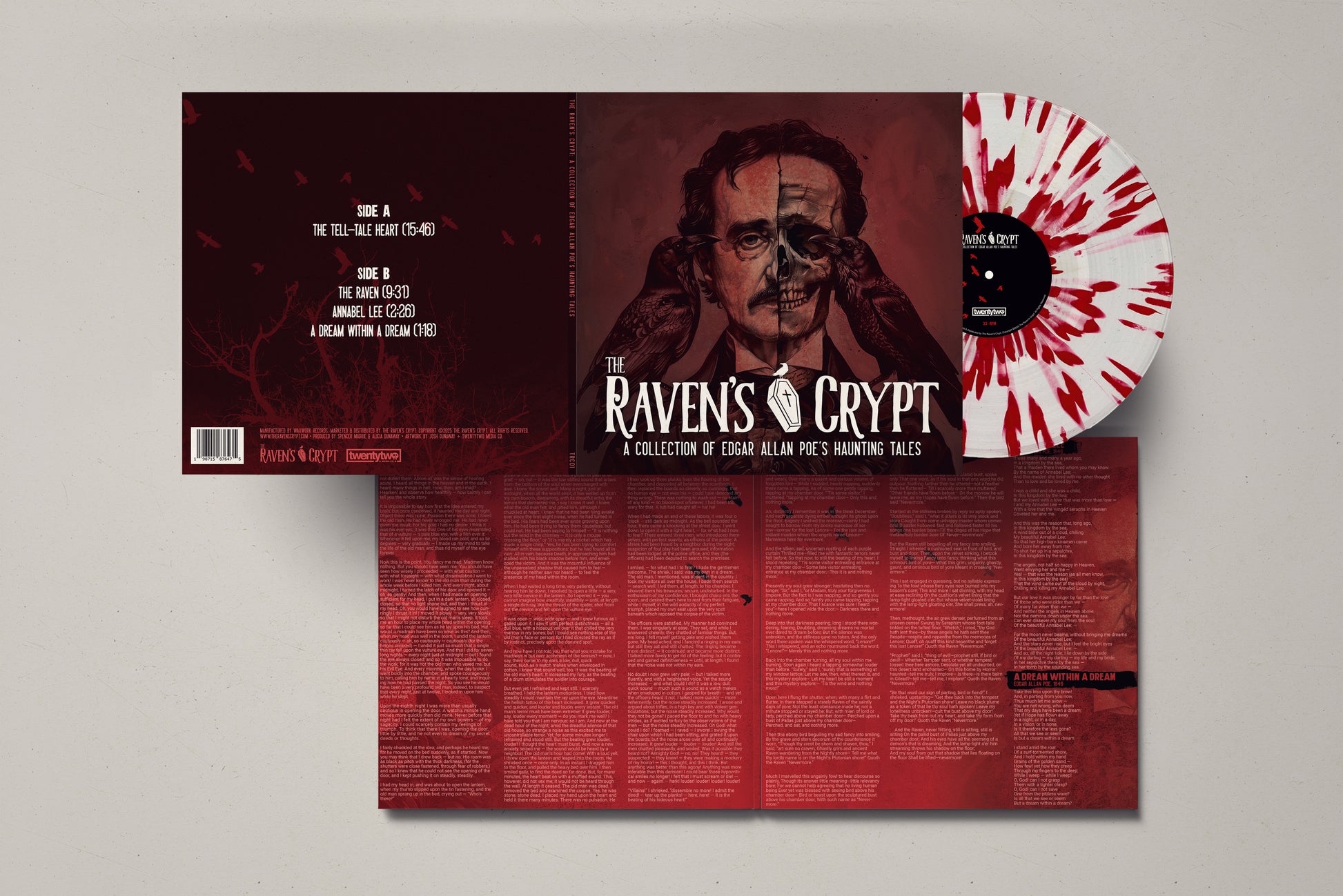 Full gatefold display of The Raven’s Crypt Blood Soaked Edgar Allan Poe vinyl, showing the front cover, back cover, red-on-white splatter record, and full liner notes spread.