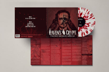Full gatefold display of The Raven’s Crypt Blood Soaked Edgar Allan Poe vinyl, showing the front cover, back cover, red-on-white splatter record, and full liner notes spread.