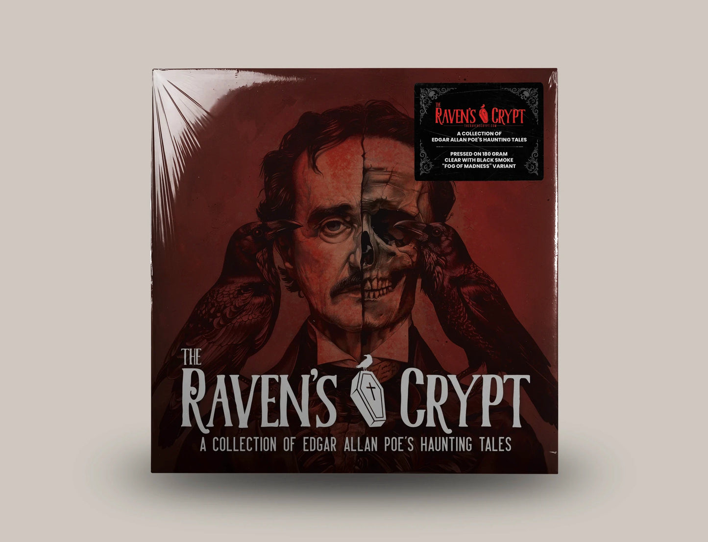 Fog of Madness clear-and-smoke vinyl record from The Raven’s Crypt, featuring Edgar Allan Poe split-skull artwork on the haunting tales album cover.