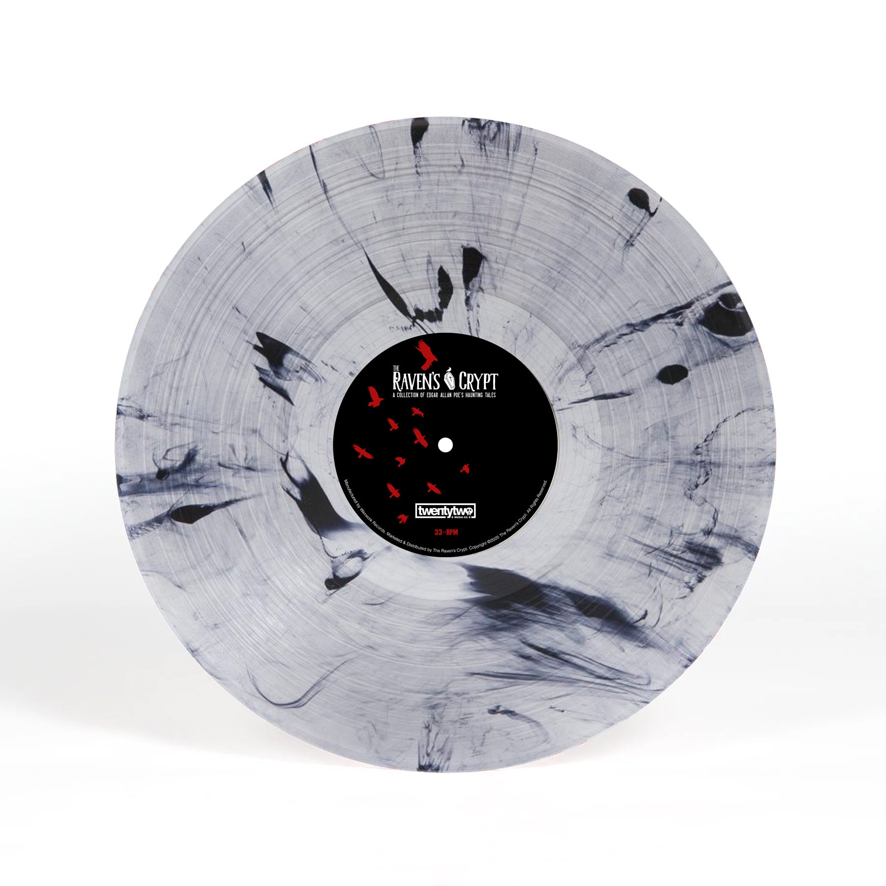 Fog of Madness Edgar Allan Poe vinyl record in clear-and-smoke marbled variant from The Raven’s Crypt, displayed upright with black center label and red raven artwork.