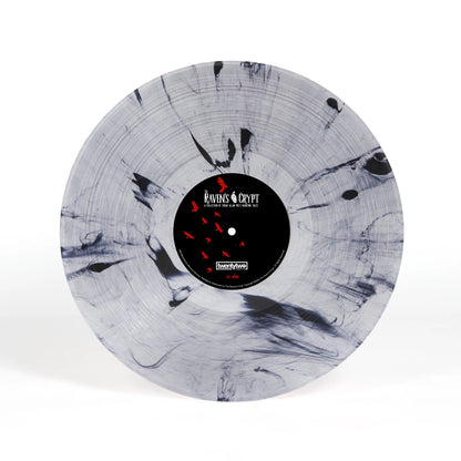 Fog of Madness Edgar Allan Poe vinyl record in clear-and-smoke marbled variant from The Raven’s Crypt, displayed upright with black center label and red raven artwork.