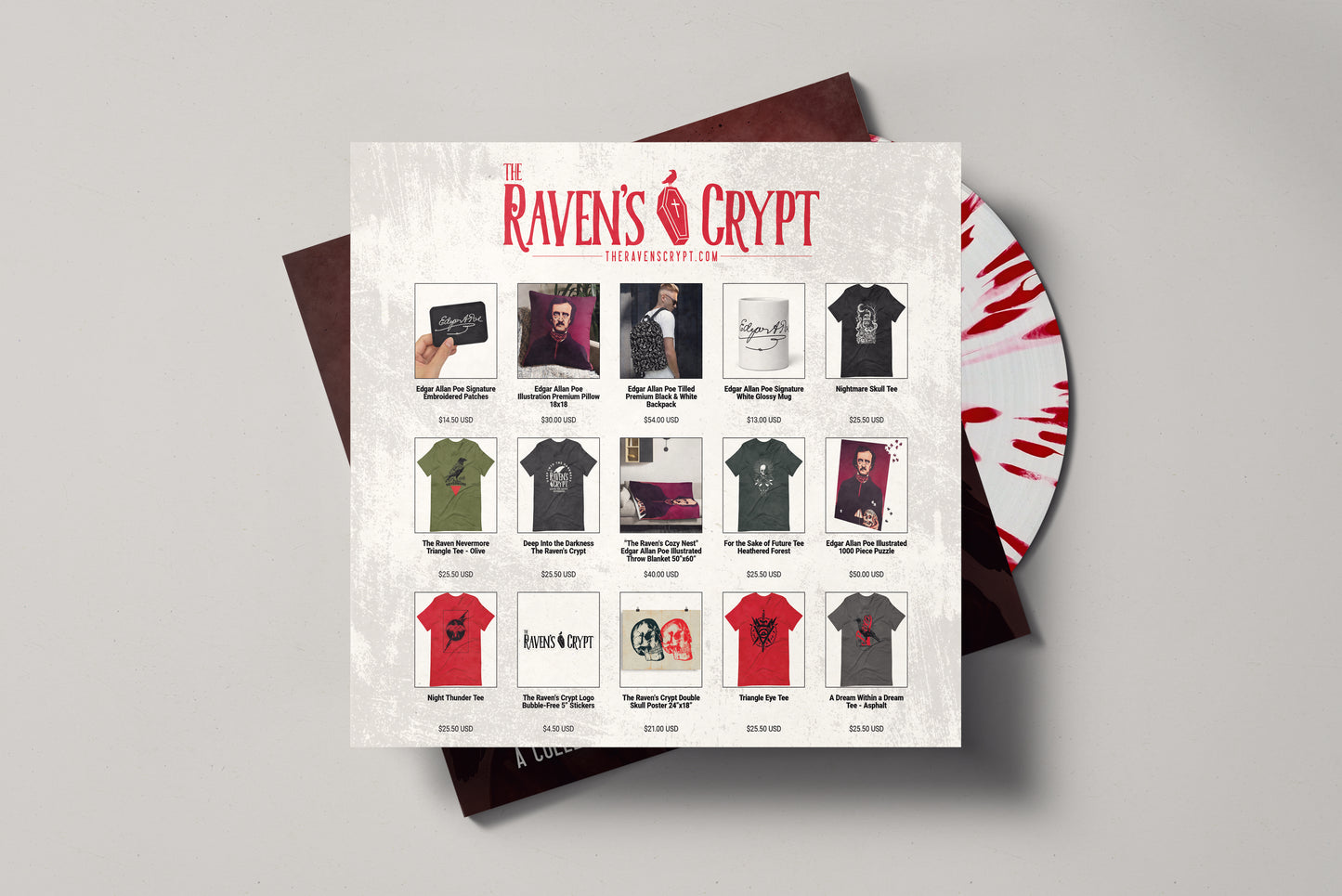 Inner sleeve of The Raven’s Crypt Blood Soaked vinyl showing a full merchandise showcase with Edgar Allan Poe themed tees, prints, patches, and accessories.