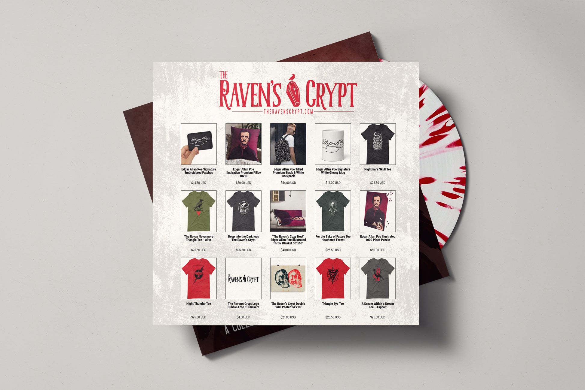 Inner sleeve of The Raven’s Crypt Blood Soaked vinyl showing a full merchandise showcase with Edgar Allan Poe themed tees, prints, patches, and accessories.