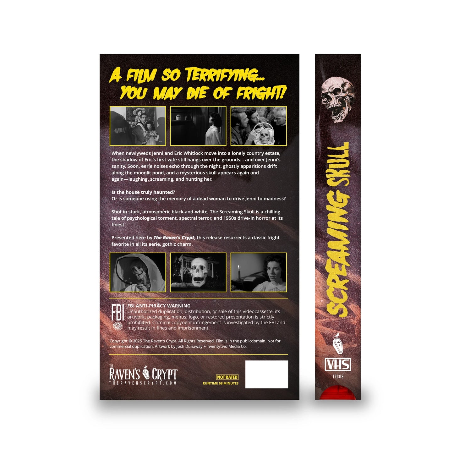 Back cover of Screaming Skull (1958) Collector’s Edition VHS featuring plot summary, retro horror stills, and custom artwork from The Raven’s Crypt