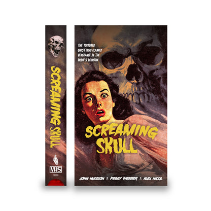 Front cover artwork of Screaming Skull (1958) Collector’s Edition VHS featuring retro horror illustration and custom slipcover from The Raven’s Crypt