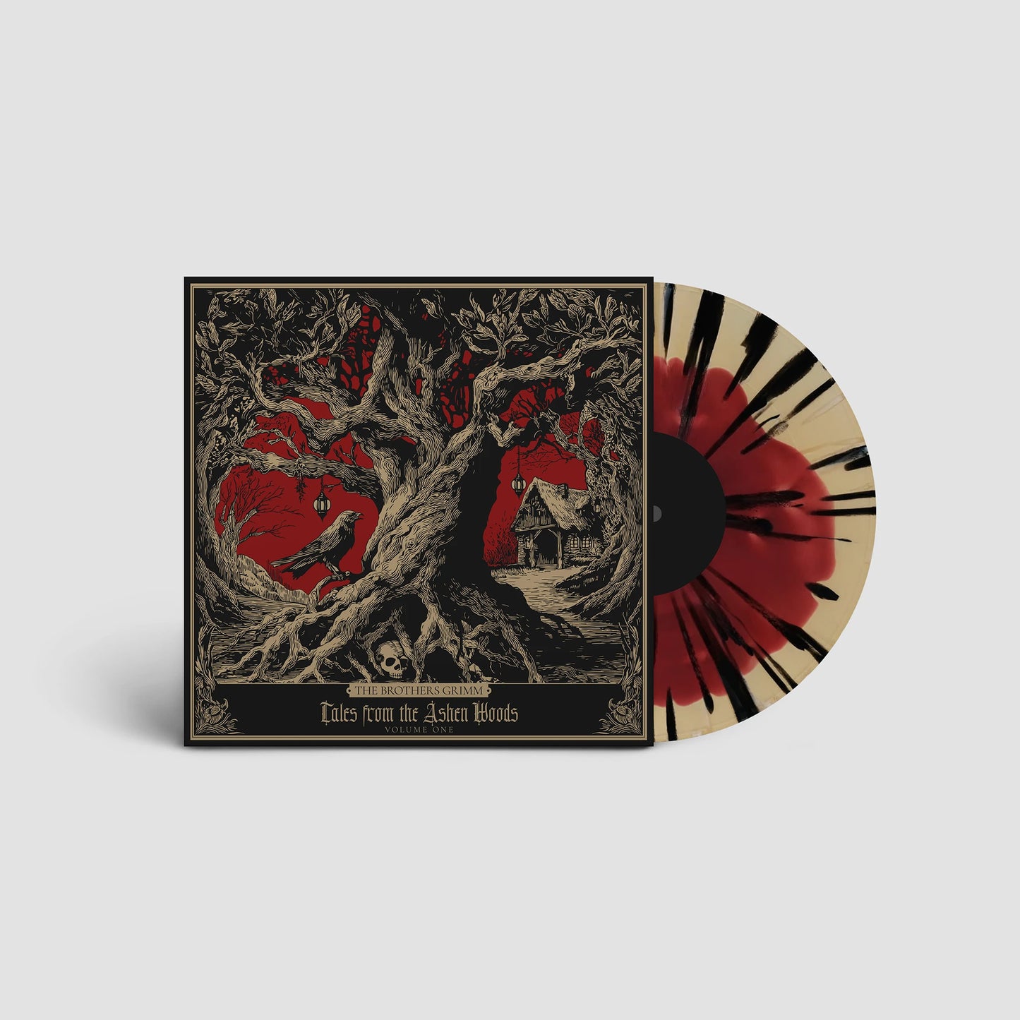 Mockup of Tales from the Ashen Woods Volume One Brothers Grimm spoken word vinyl featuring gothic woodcut-style cover art and Blood in the Ashes splatter LP
