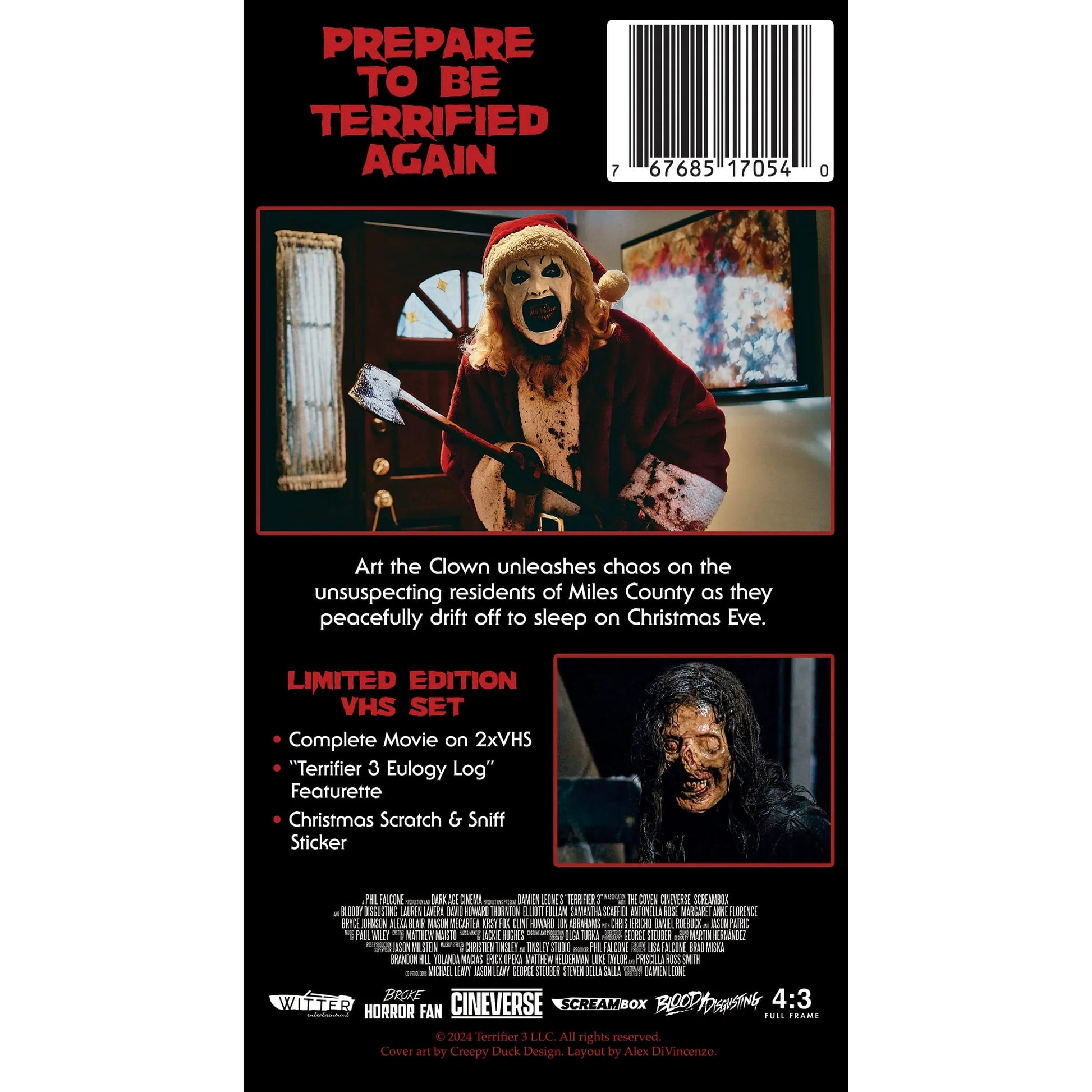 Terrifier 3 VHS back cover showing Art the Clown in Santa costume with axe, limited edition features, and horror scenes