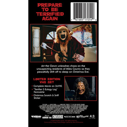 Terrifier 3 VHS back cover showing Art the Clown in Santa costume with axe, limited edition features, and horror scenes