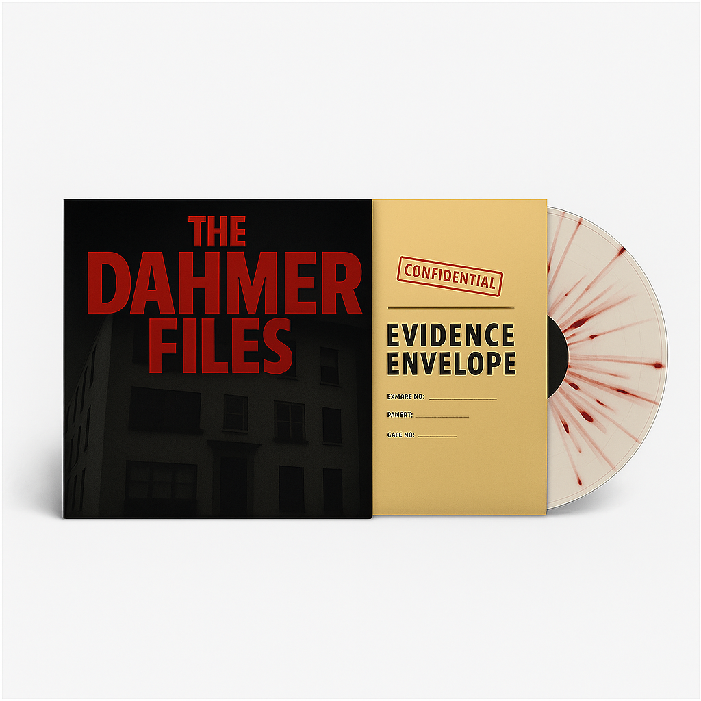 The Dahmer Files Apartment 213 Edition showing album cover alongside confidential evidence envelope packaging with Blood and Bone Mix vinyl record partially visible