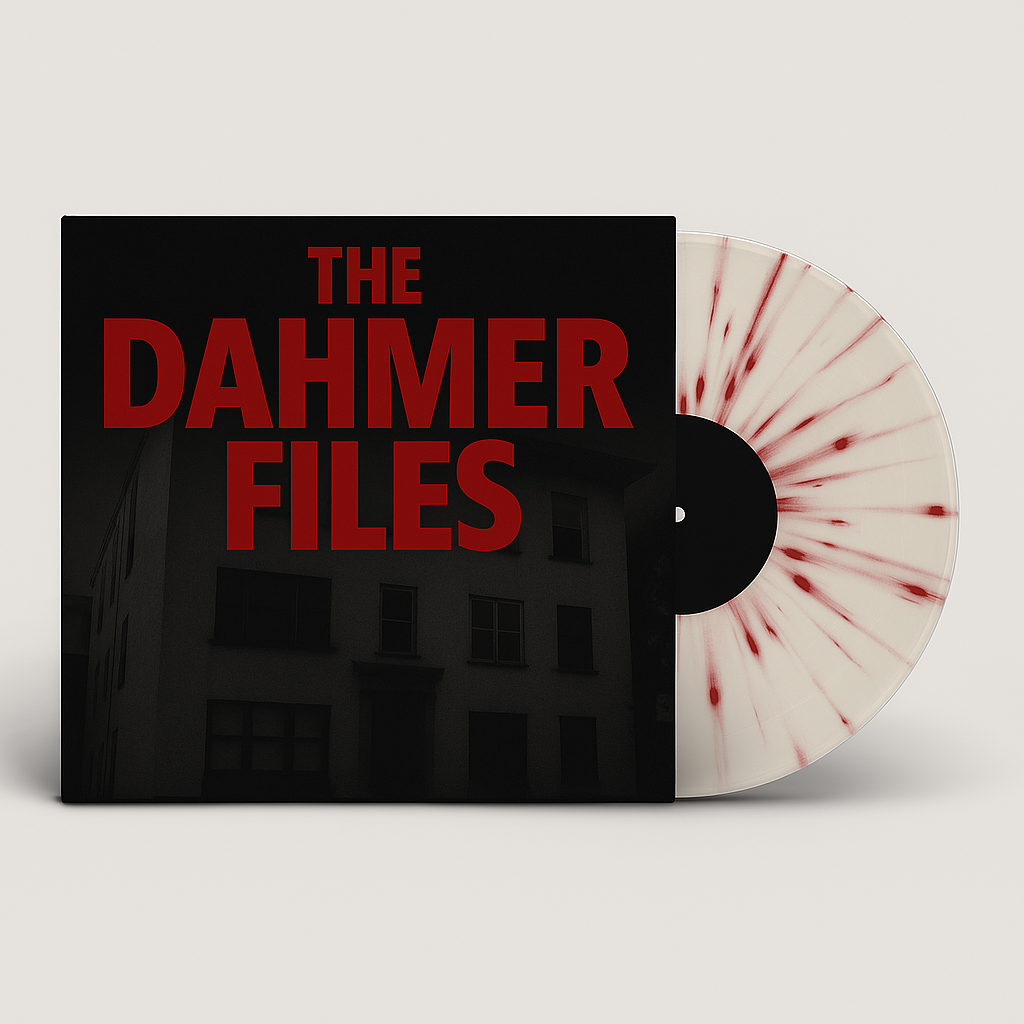 The Dahmer Files Apartment 213 Edition limited collector’s vinyl featuring black cover with red title text and Blood and Bone Mix splatter LP partially visible