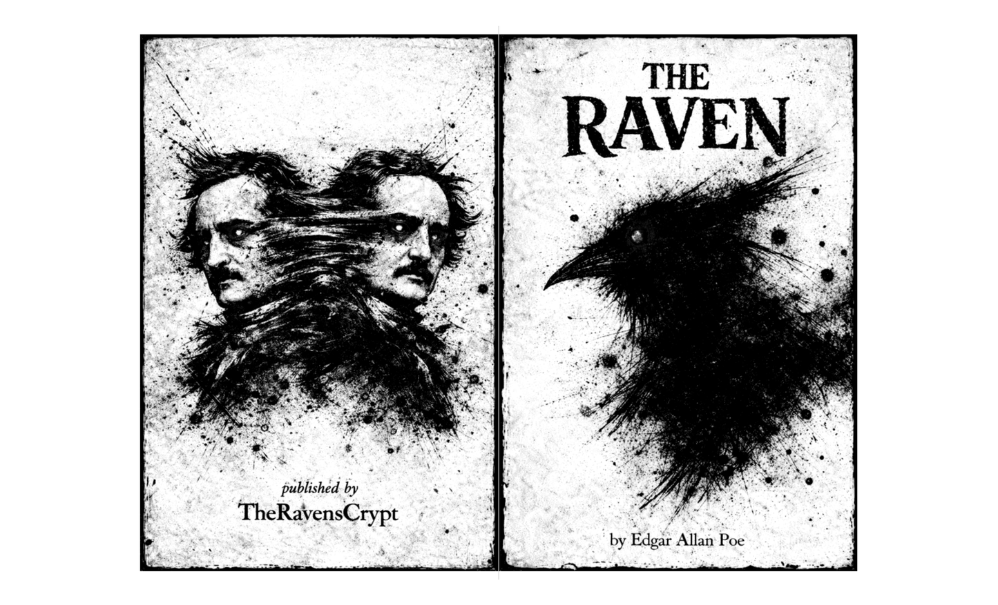 Front and back cover of The Raven by Edgar Allan Poe gothic zine showing distressed vintage design with raven artwork and Rorschach-style portrait by The Ravens Crypt