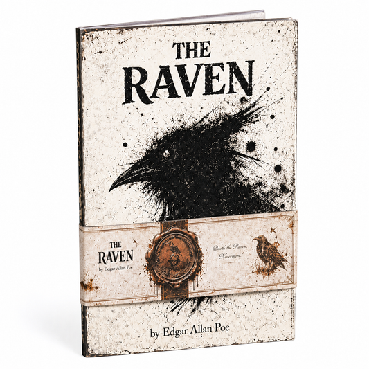 Front cover of The Raven by Edgar Allan Poe gothic zine featuring distressed vintage design and inkblot-style raven artwork by The Ravens Crypt