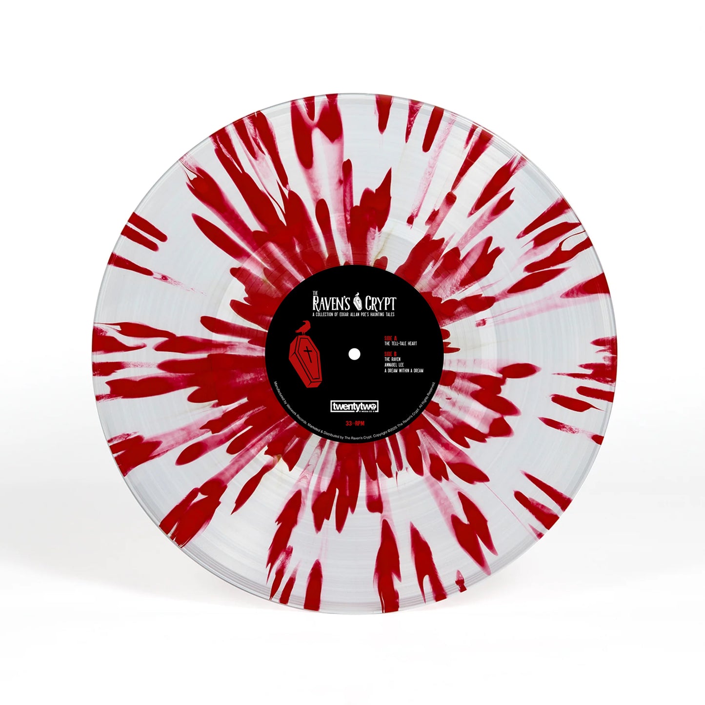 Limited edition 'Blood Soaked' variant vinyl record of Edgar Allan Poe's stories pressed by Waxwork Records.