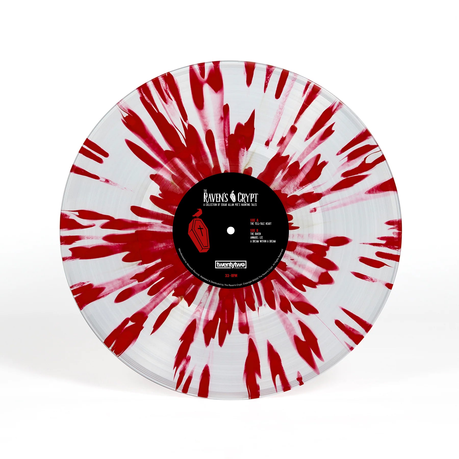 Limited edition 'Blood Soaked' variant vinyl record of Edgar Allan Poe's stories pressed by Waxwork Records.