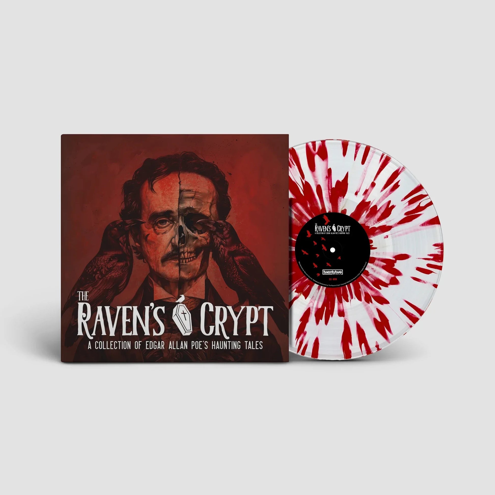 Blood Soaked variant of The Raven’s Crypt vinyl featuring Edgar Allan Poe artwork with a split skull portrait and ravens, limited edition red-on-white splatter record.