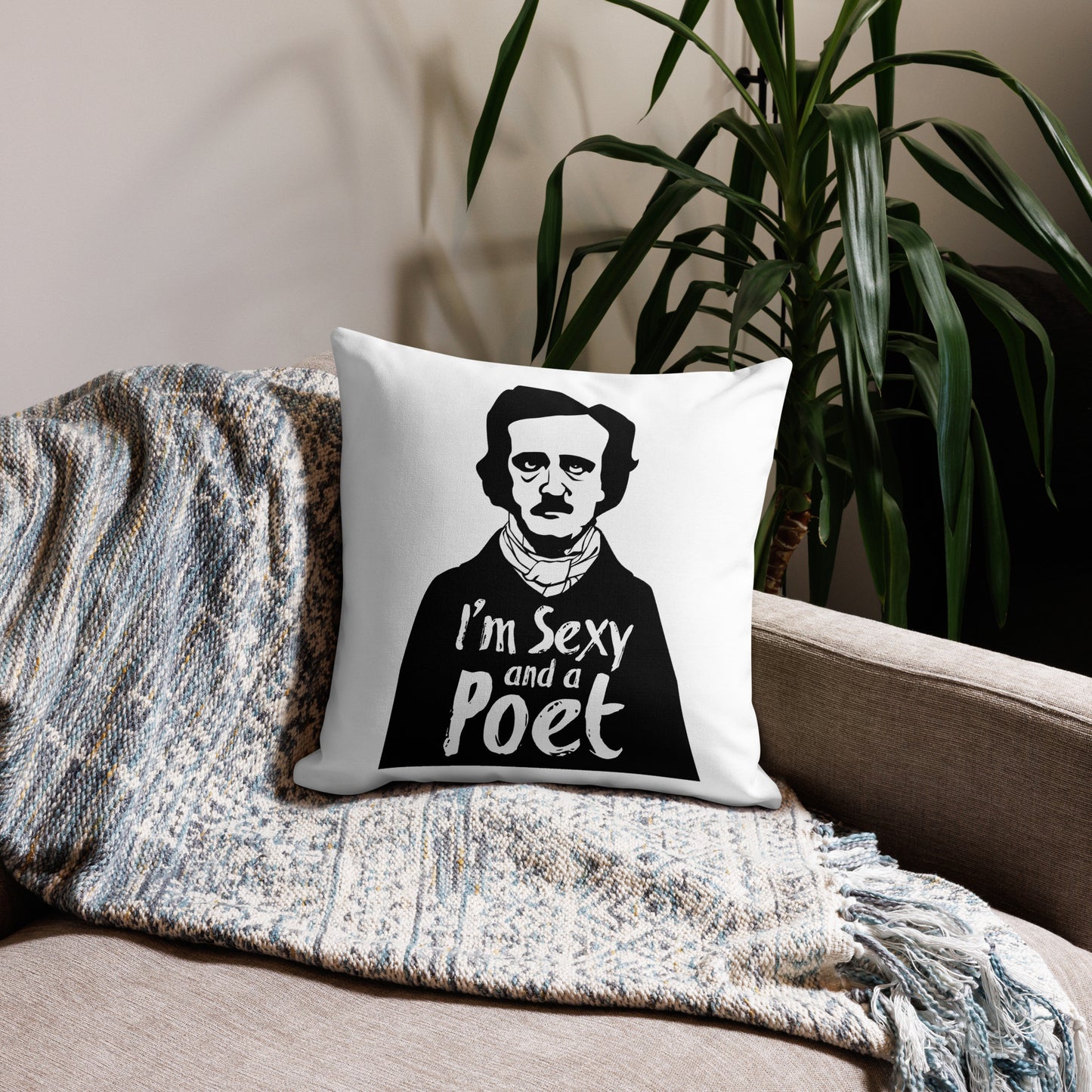 Edgar Allan Poe 'I'm Sexy and a Poet' premium pillow with linen-feel case and shape-retaining insert- 18x18