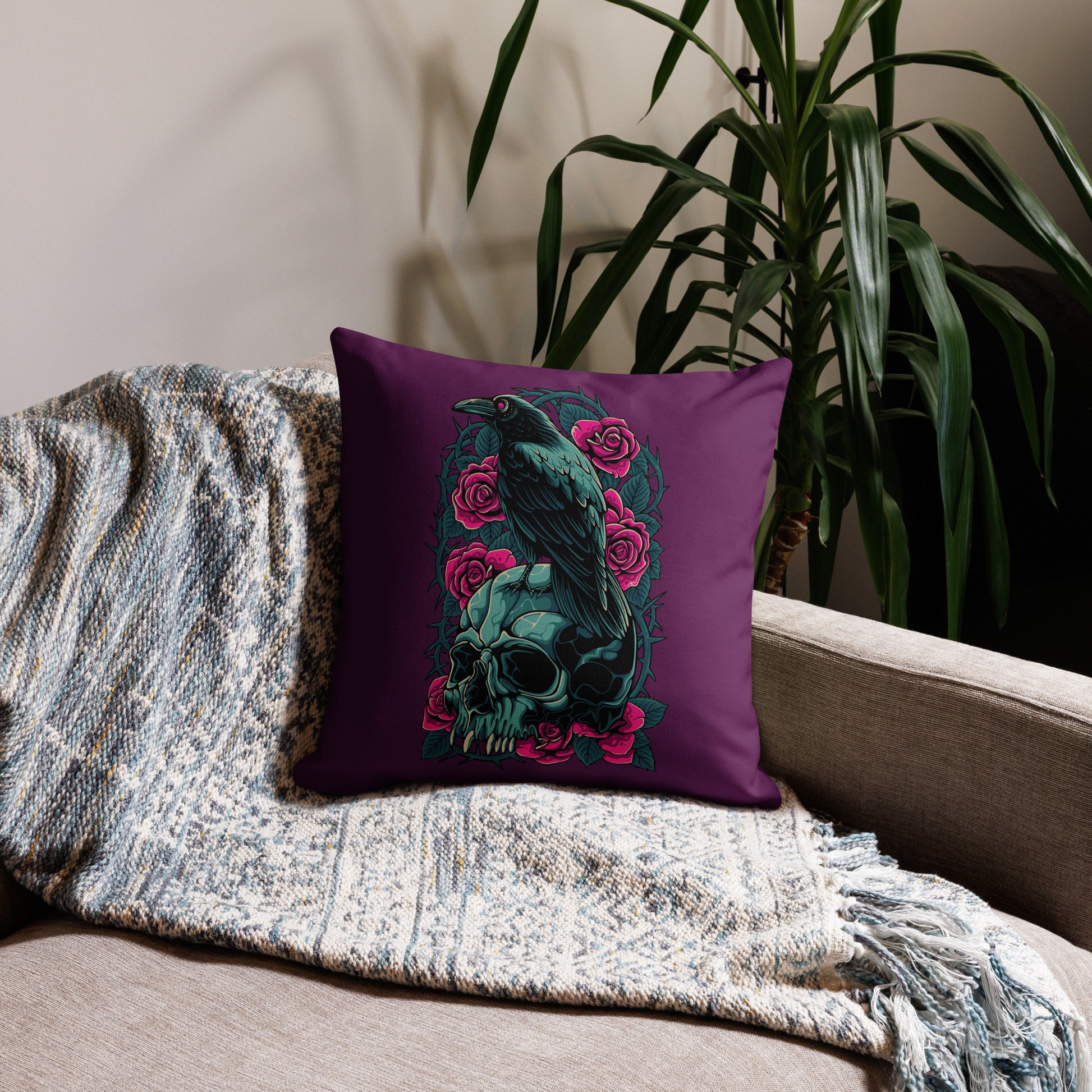 The Raven's Crypt Raven on Skull Tyrian Purple Premium Pillow - 18 x 18