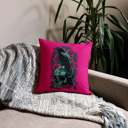 The Raven's Crypt Raven on Skull Medium Violet Red Premium Pillow - 18 x 18