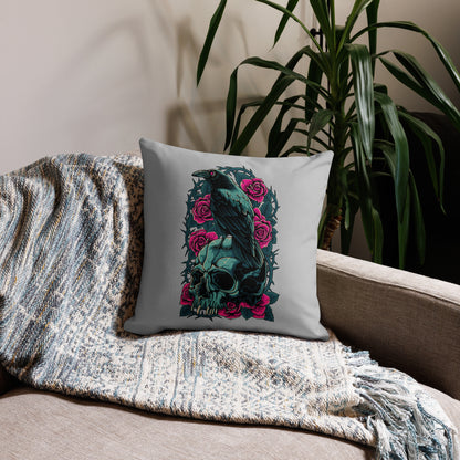 The Raven's Crypt Raven on Skull Silver Premium Pillow - 18 x 18
