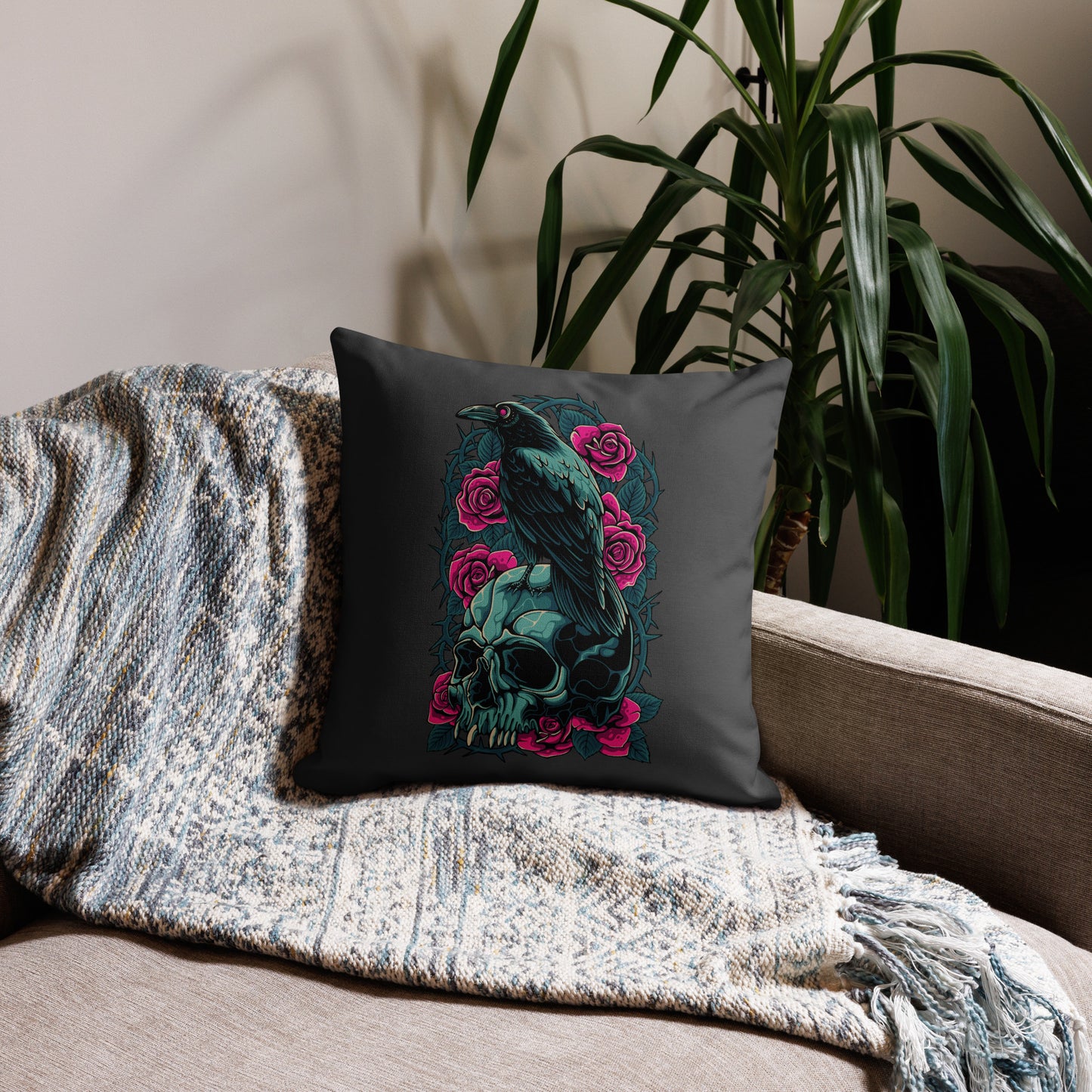 The Raven's Crypt Raven on Skull Eclipse Premium Pillow - 18 x 18