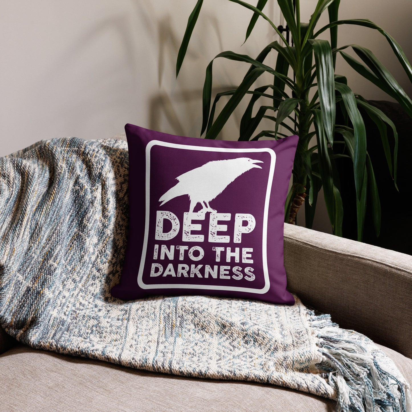 Raven Deep Into the Darkness - Tyrian Purple & White Premium Pillow - 18 x 18