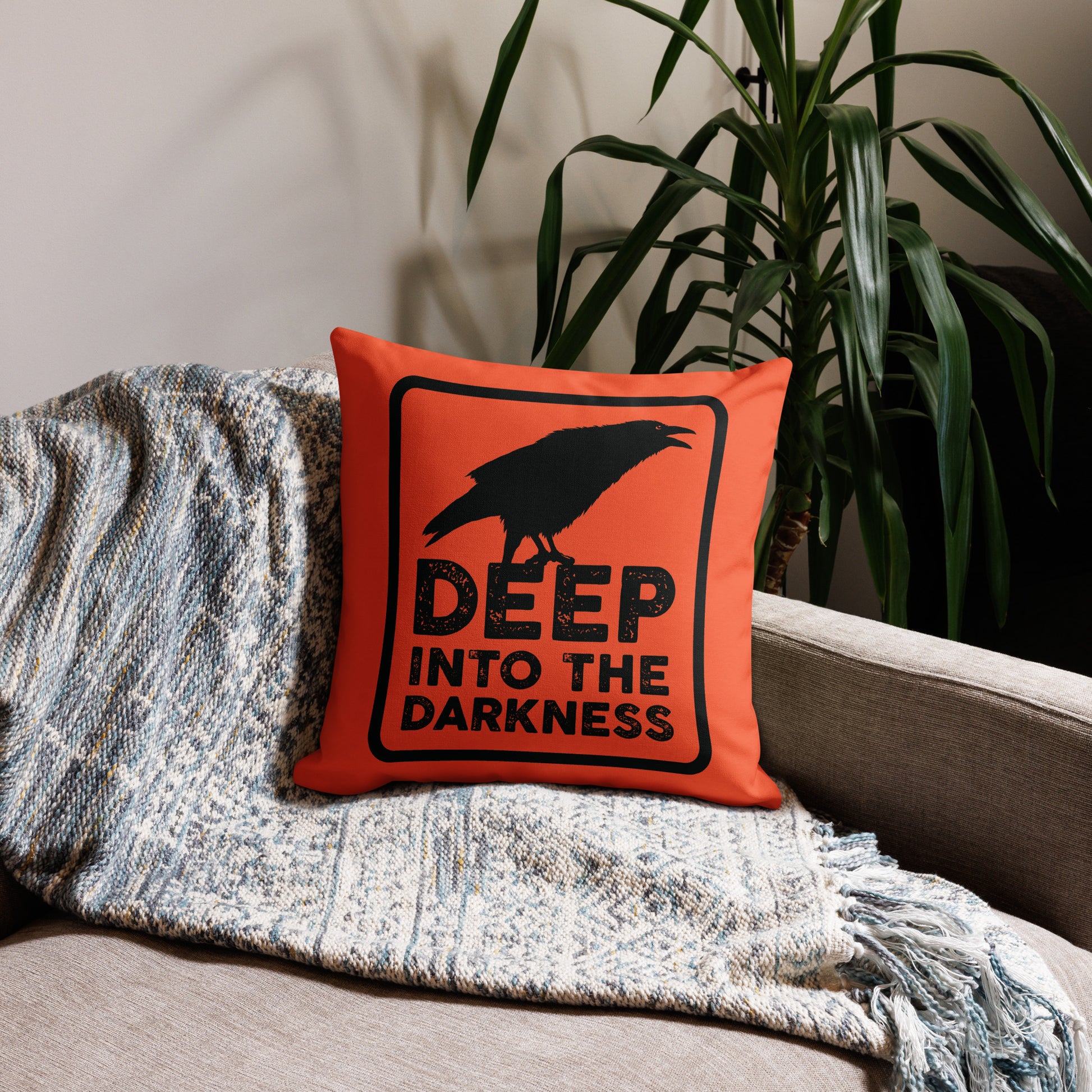 Raven Deep Into the Darkness - Outrageous Orange & Black Premium Pillow - 18 x 18