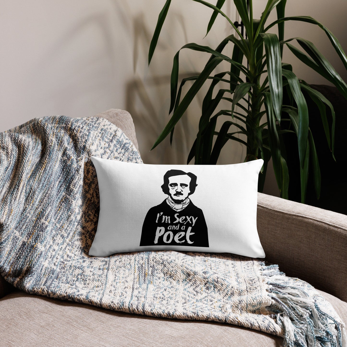 Edgar Allan Poe 'I'm Sexy and a Poet' premium pillow with linen-feel case and shape-retaining insert 20x12