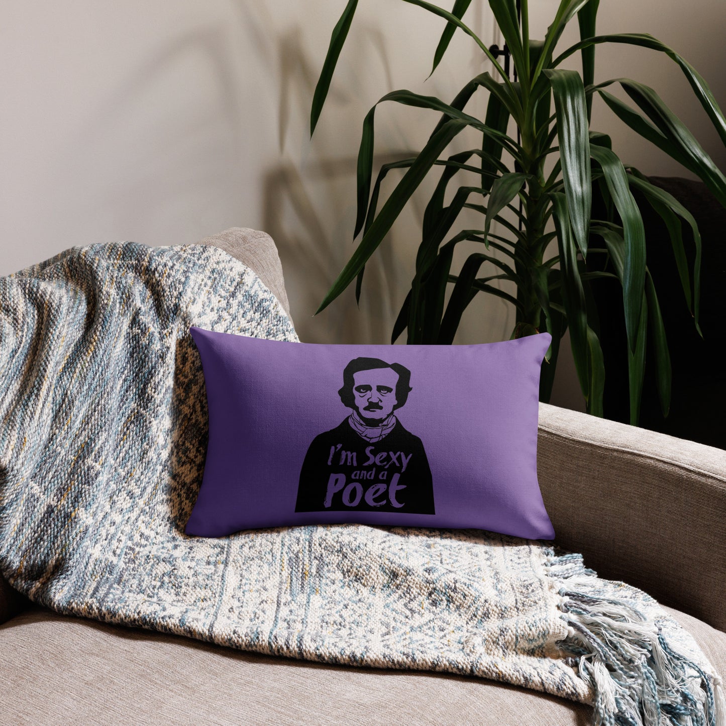 Products Edgar Allan Poe "I'm Sexy and a Poet" Premium Pillow - Purple 20 x 12