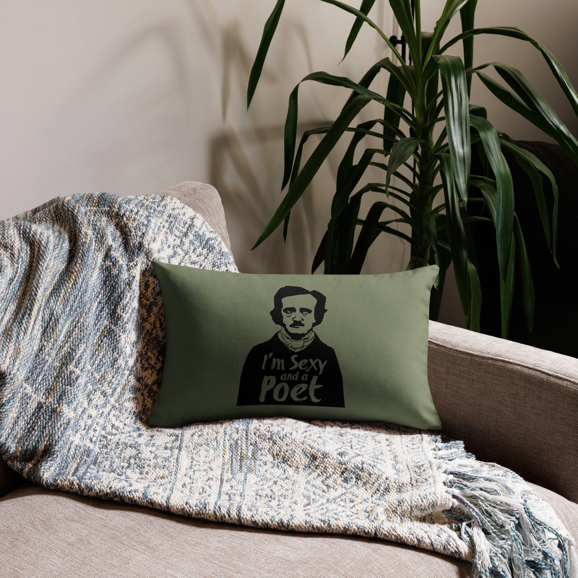 Products Edgar Allan Poe "I'm Sexy and a Poet" Premium Pillow - Green 20 x 12