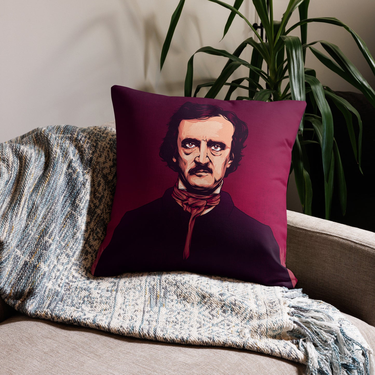 Premium pillow with Edgar Allan Poe illustration, linen-feel polyester case, and shape-retaining insert