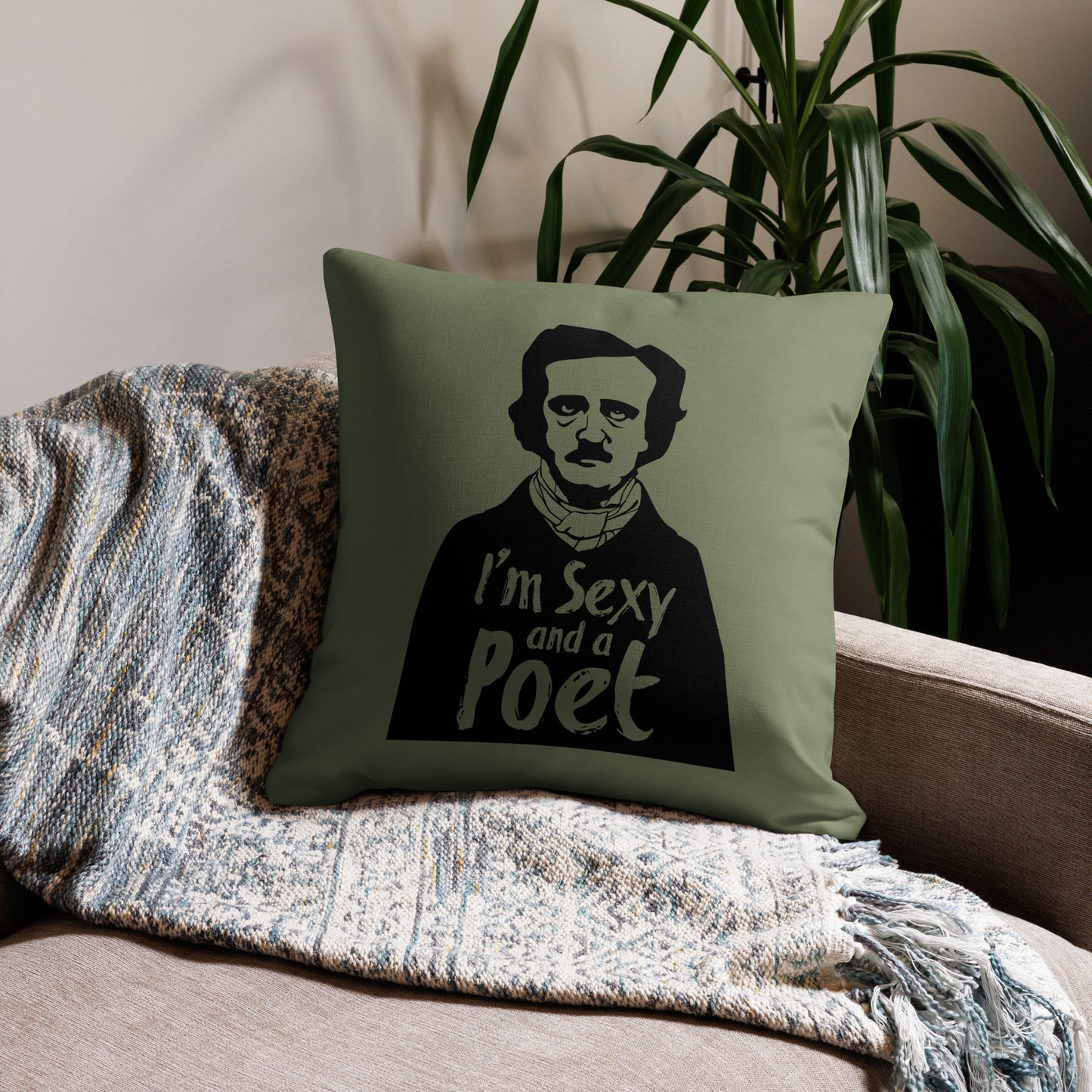 Products Edgar Allan Poe "I'm Sexy and a Poet" Premium Pillow - Green 22 x 22