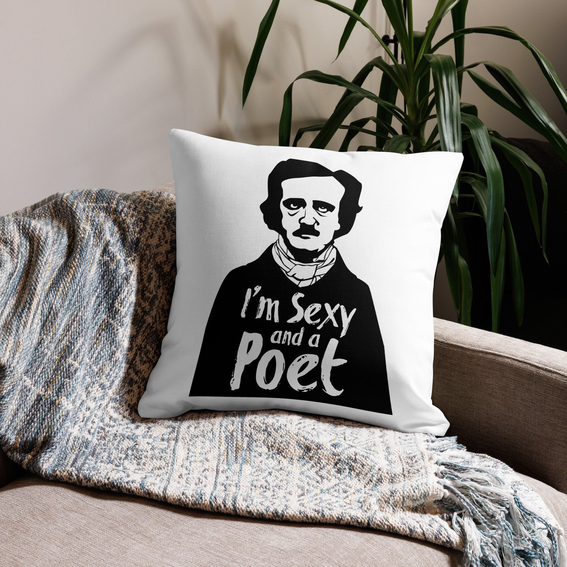 Edgar Allan Poe 'I'm Sexy and a Poet' premium pillow with linen-feel case and shape-retaining insert - 22x22