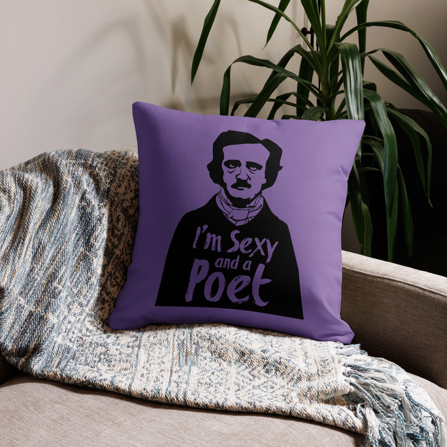 Products Edgar Allan Poe "I'm Sexy and a Poet" Premium Pillow - Purple 22 x 22