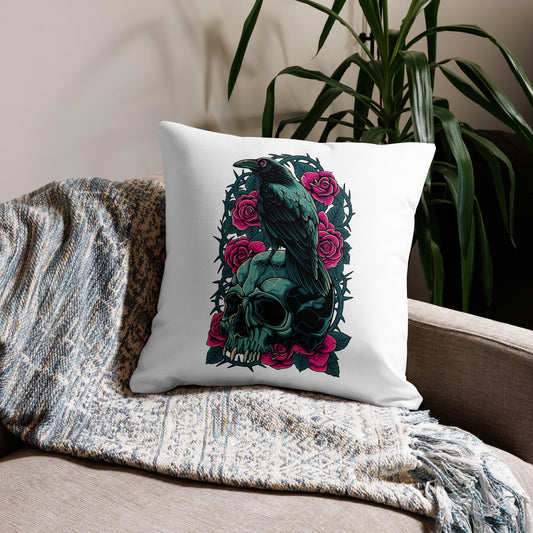 The Raven's Crypt Raven on Skull White Premium Pillow - 22 x 22