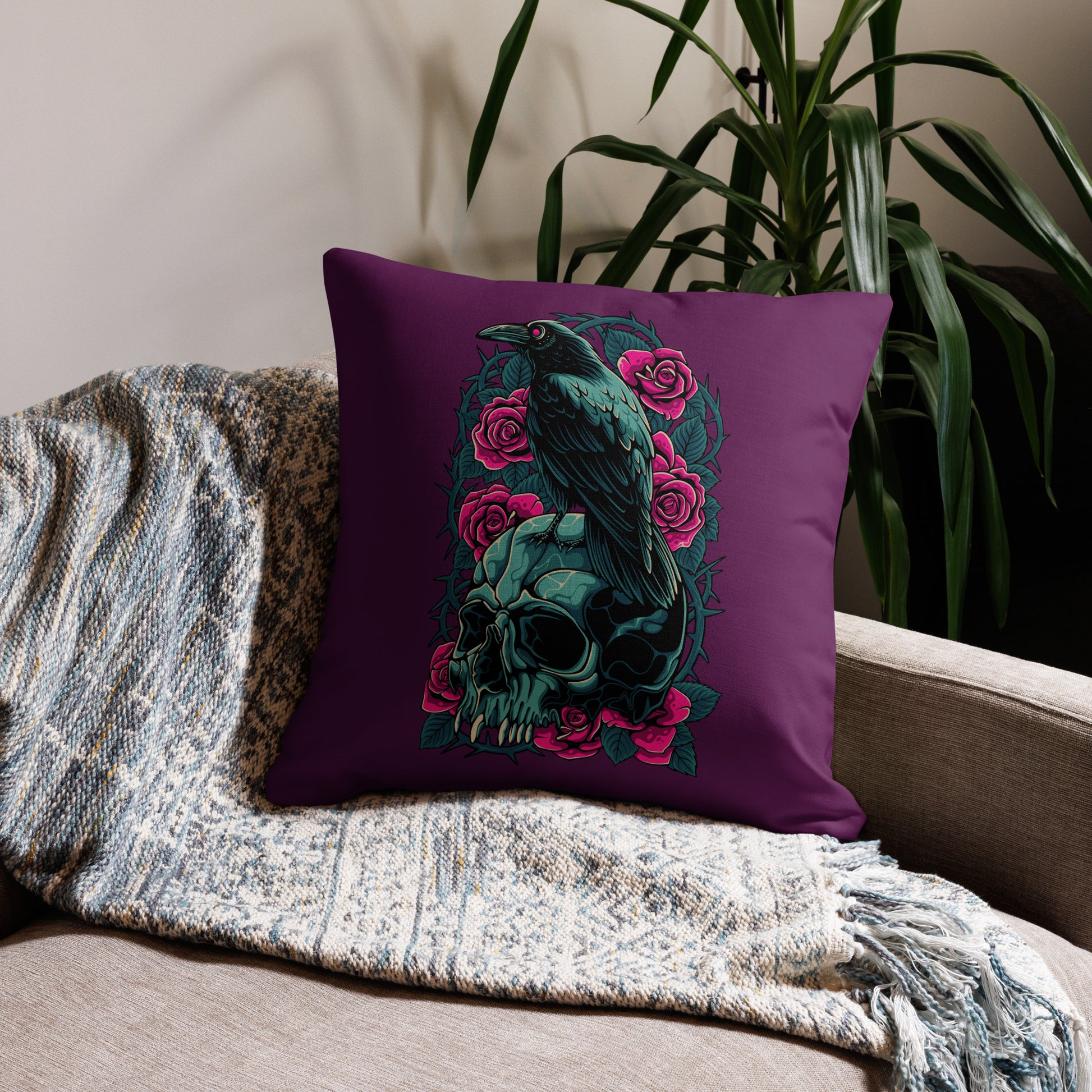The Raven's Crypt Raven on Skull Tyrian Purple Premium Pillow - 22 x 22 