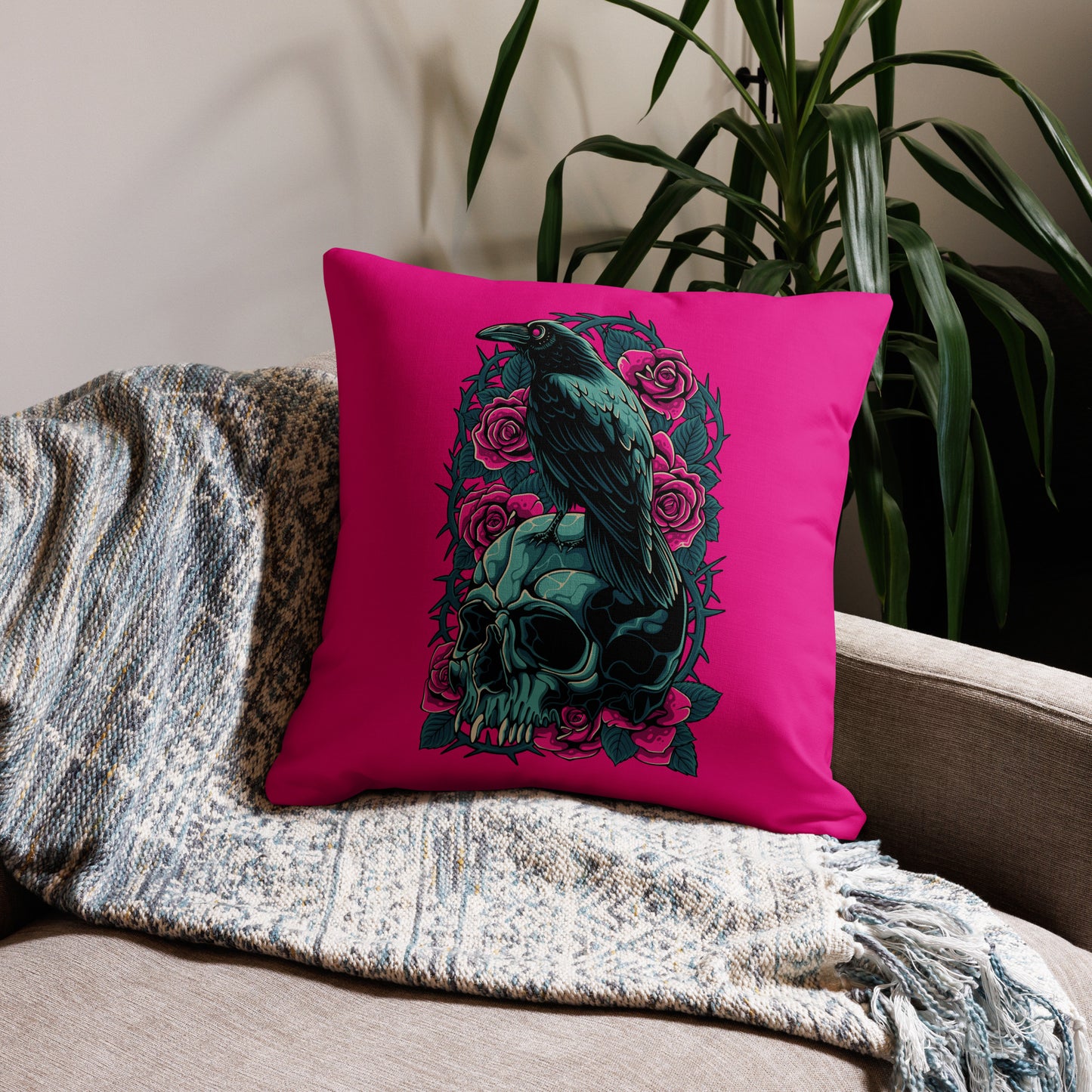 The Raven's Crypt Raven on Skull Medium Violet Red Premium Pillow - 22 x 22