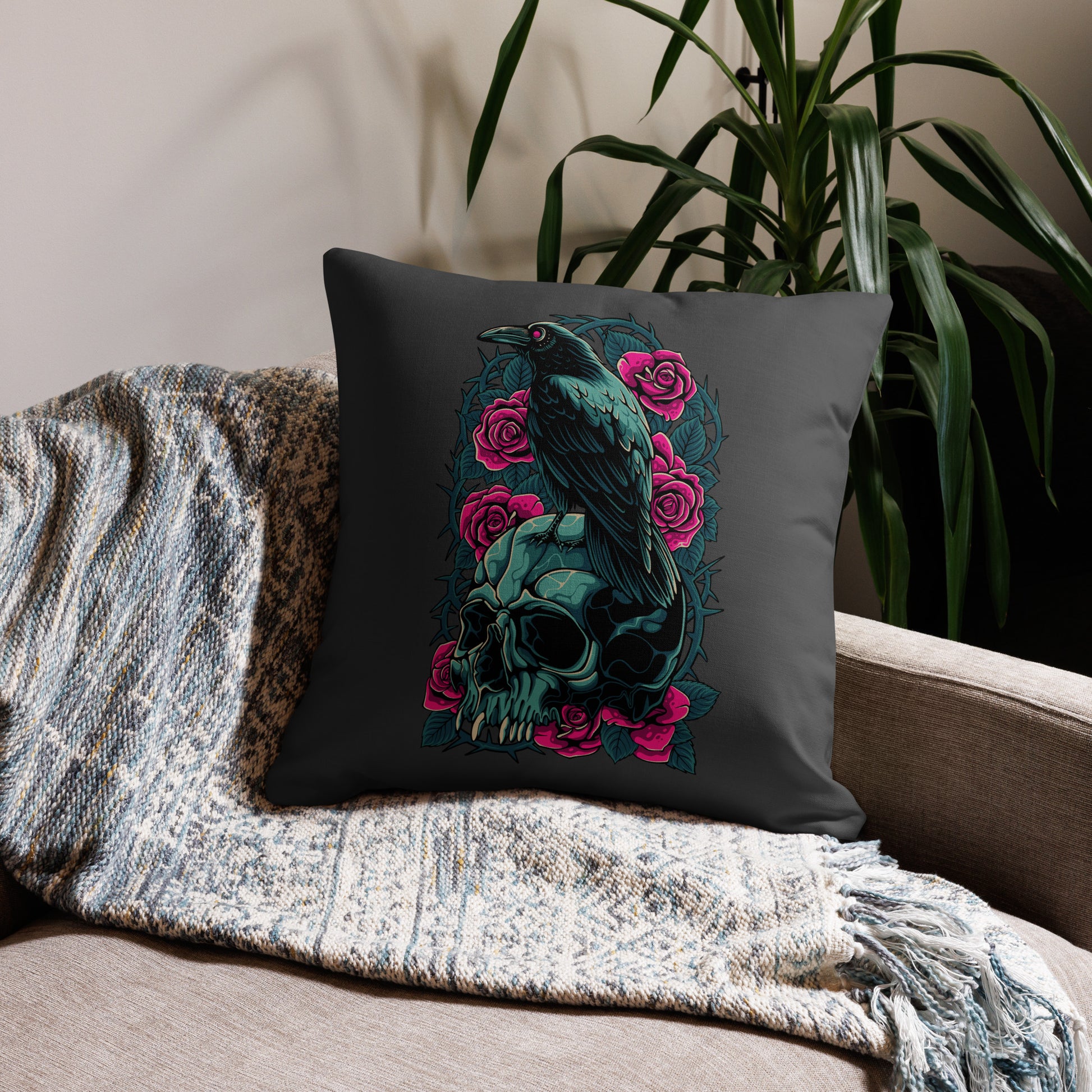 The Raven's Crypt Raven on Skull Eclipse Premium Pillow - 22 x 22