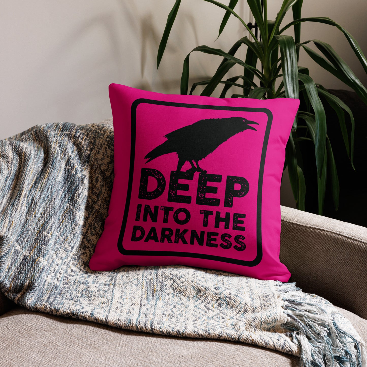 Raven Deep Into the Darkness - Medium Violet Red & Black Premium Pillow - 22 x 22