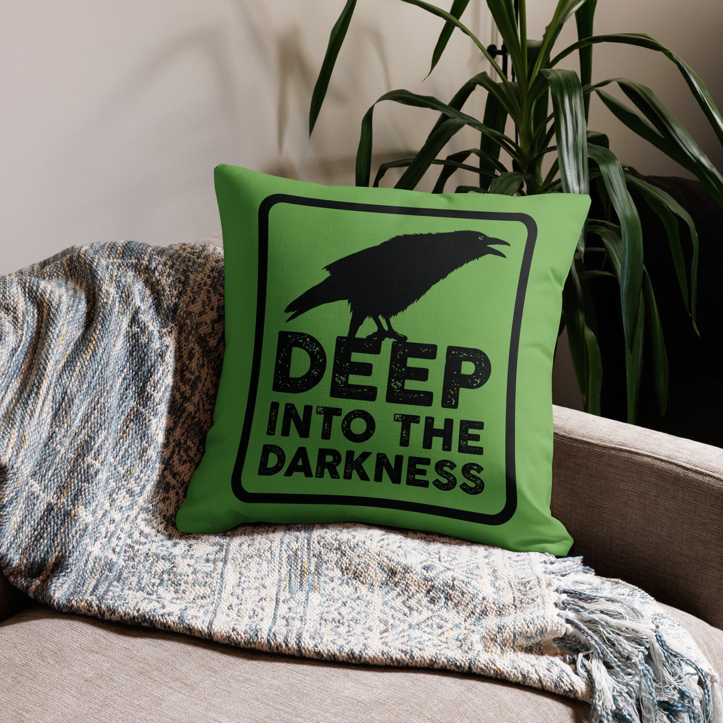 Raven Deep Into the Darkness - Green & Black Premium Pillow - 22 x 22