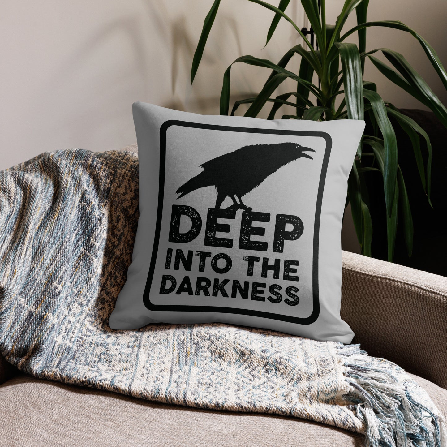 Raven Deep Into the Darkness - Silver & Black Premium Pillow - 22 x 22