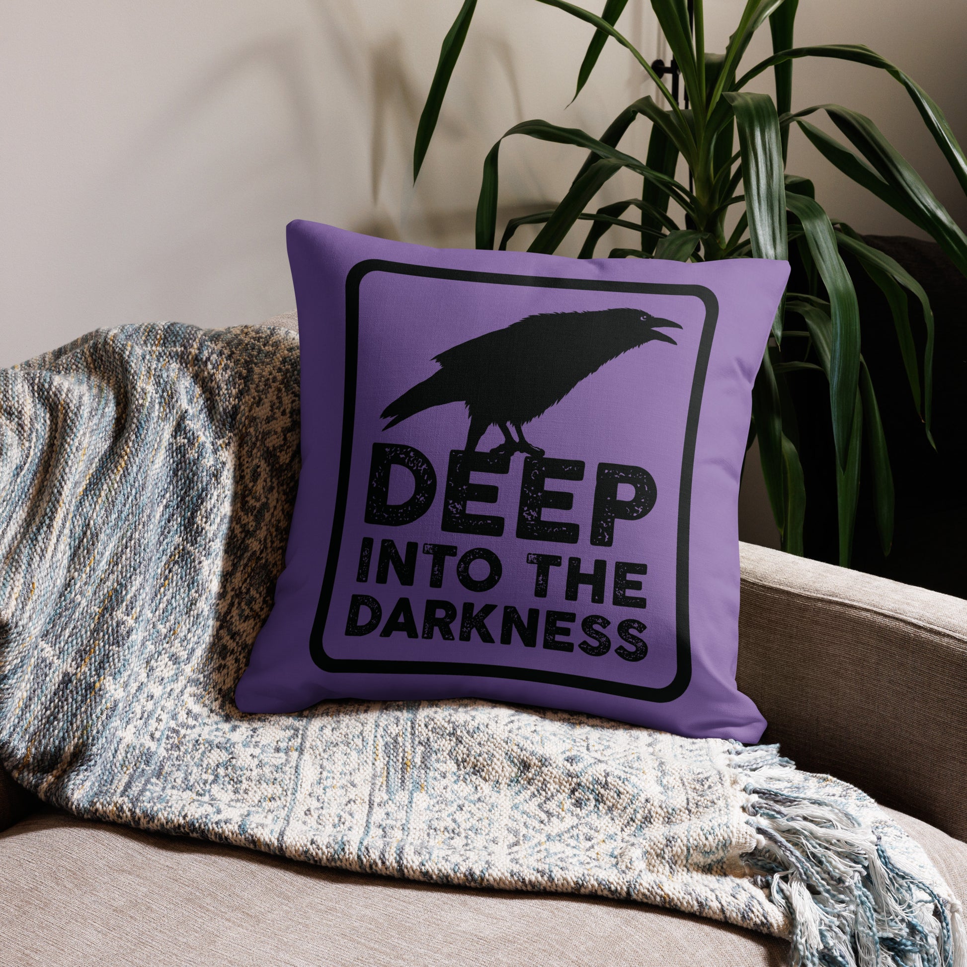 Raven Deep Into the Darkness - Purple & Black Premium Pillow - 22 x 22