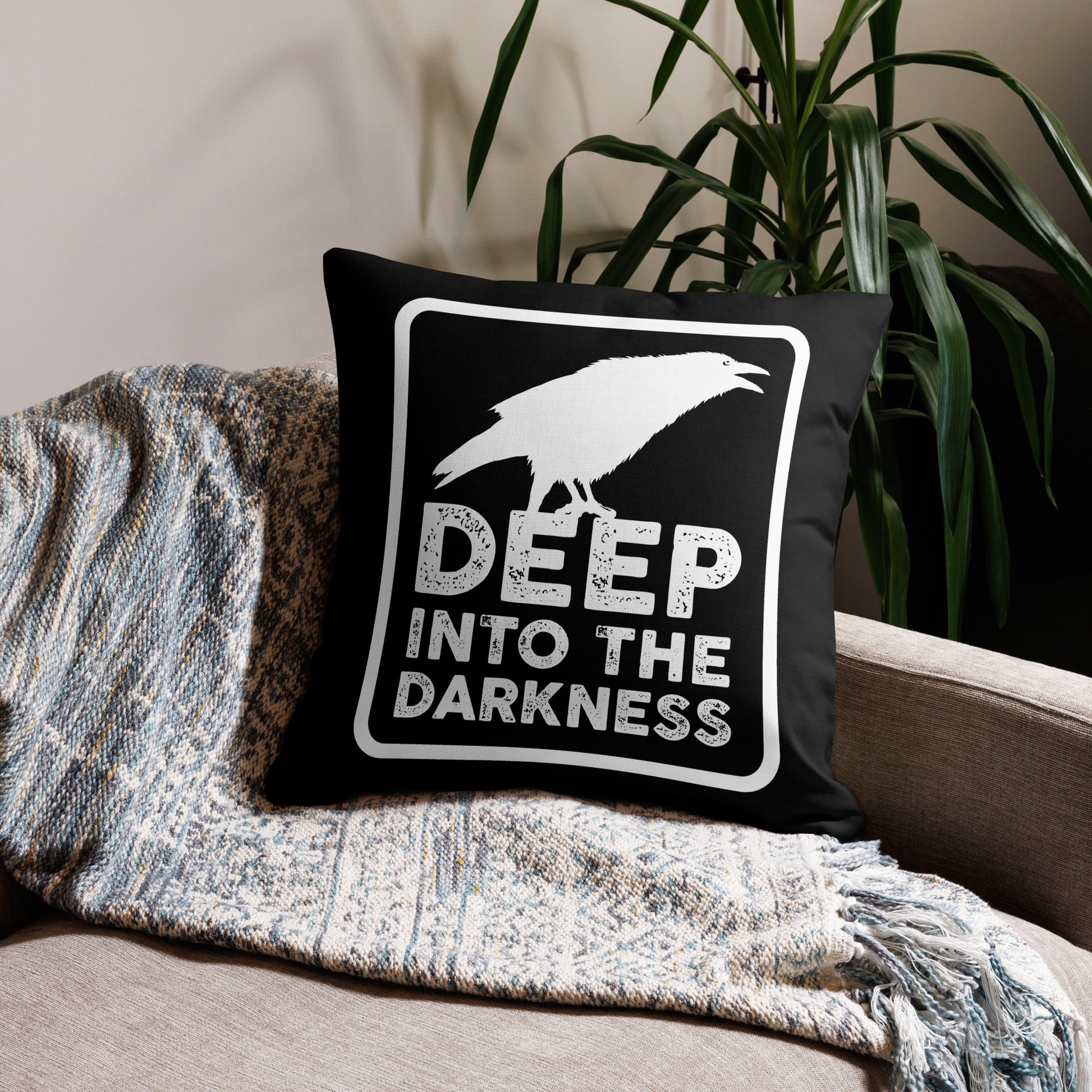 Raven Deep Into the Darkness - Black & White Premium Pillow - 22 x 22 