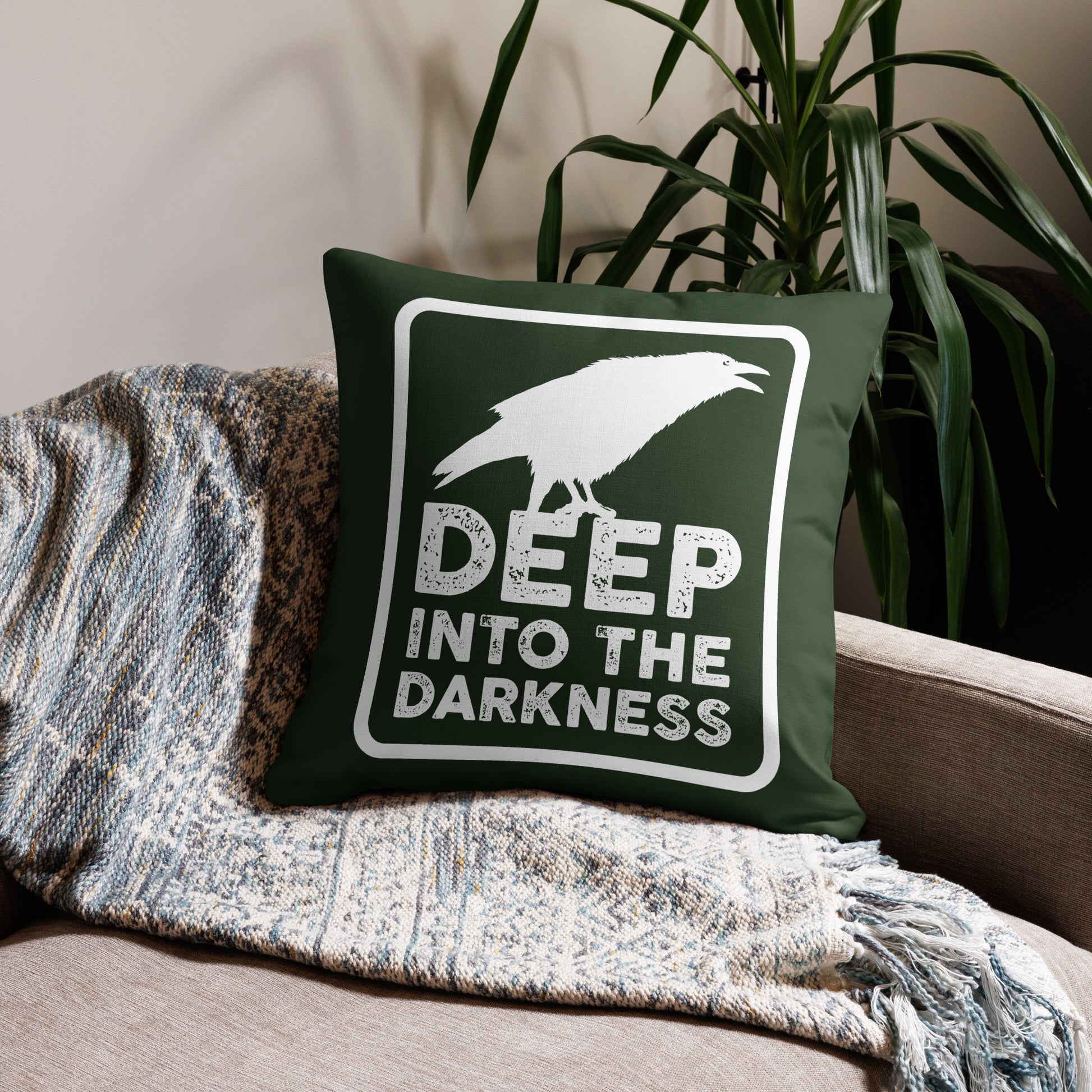 Raven Deep Into the Darkness - Myrtle & White Premium Pillow - 22 x 22